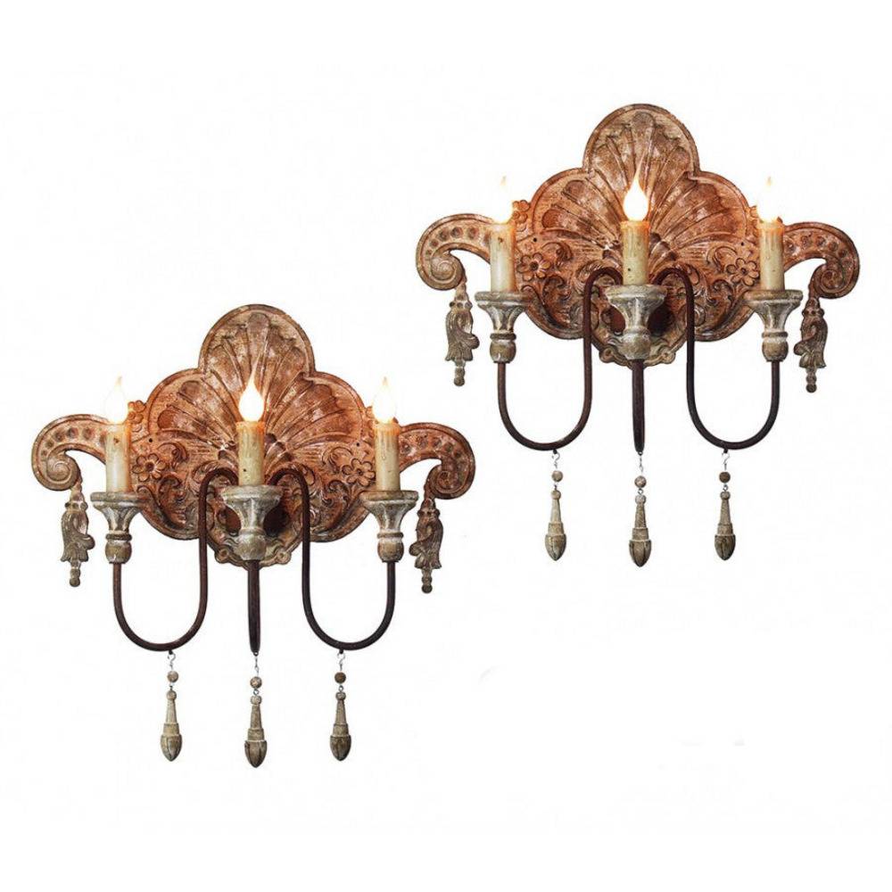 Provence Home Set of 2 Distressed Aged Natural Carved Wood Antiqued Metal Wall Sconces