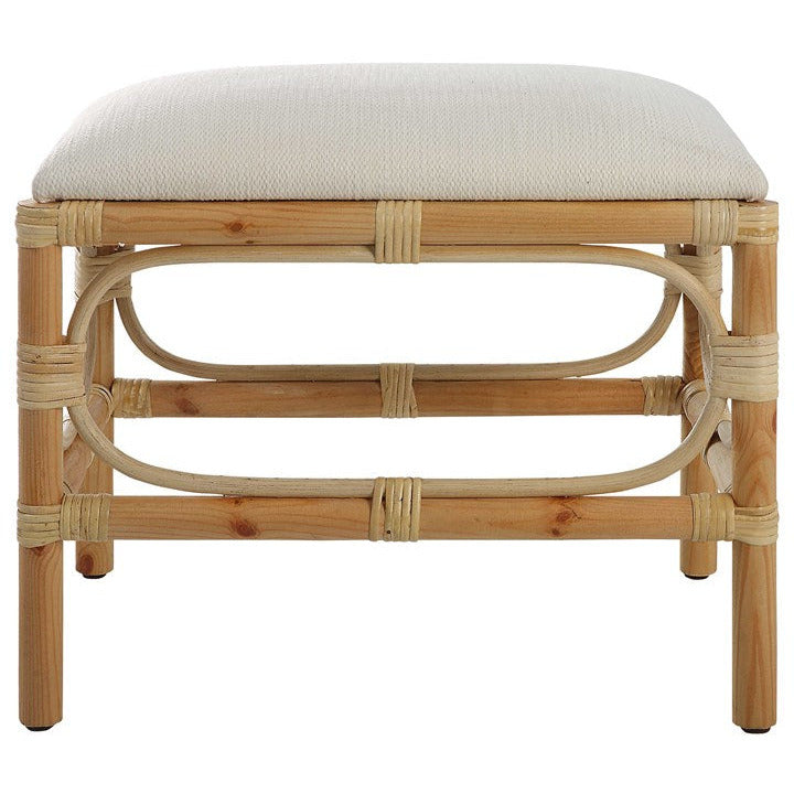 Uttermost Laguna Textured White Fabric Seat Cushion Rattan Wrapped Coastal Small Bench - Image 2