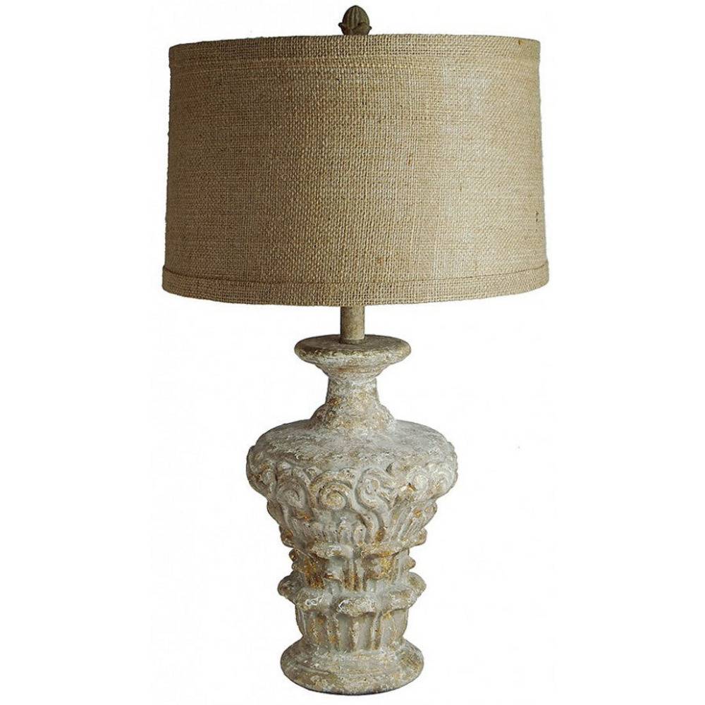 Provence Home Distressed French Grey & Gold Carved Wood Table Lamp With Natural Linen Shade - Image 1