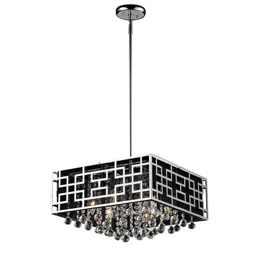 Six-Light Chrome Pendant with Black String Shade and Strung Crystals - Image 1