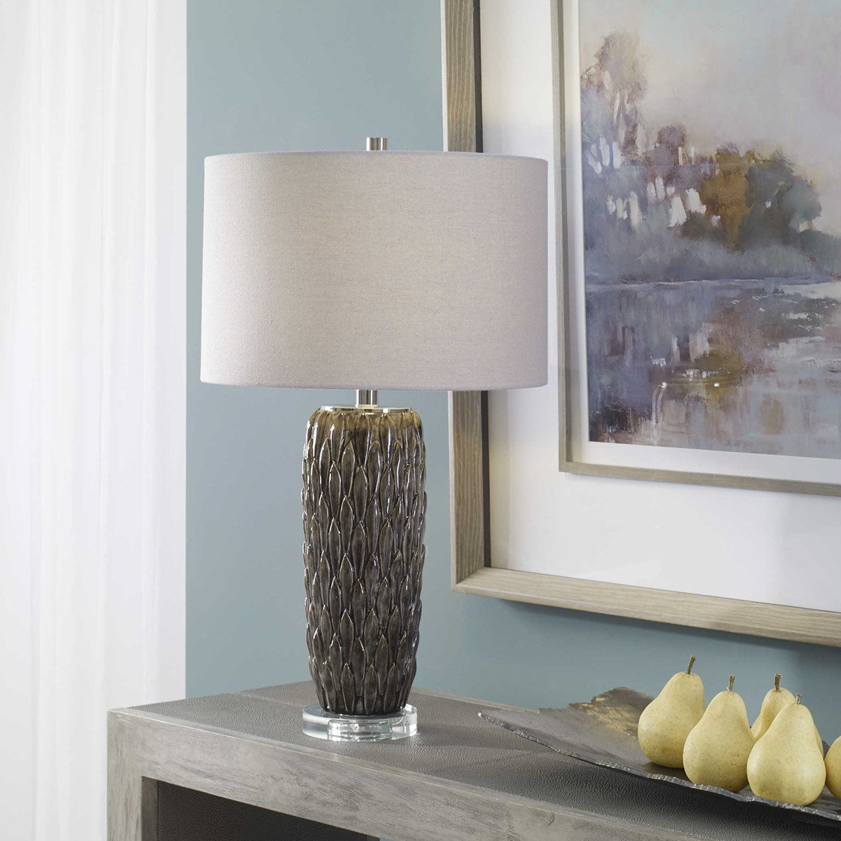 Uttermost Nettle Mushroom Gray Glazed Ceramic Table Lamp With Drum Shade - Image 3