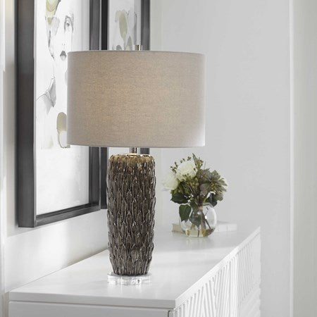 Uttermost Nettle Mushroom Gray Glazed Ceramic Table Lamp With Drum Shade - Image 1