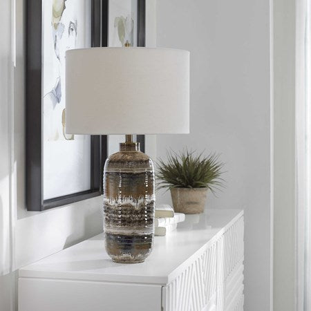 Uttermost Roan Clay, Taupe and Charcoal Ceramic Table Lamp With White Linen Shade - Image 1