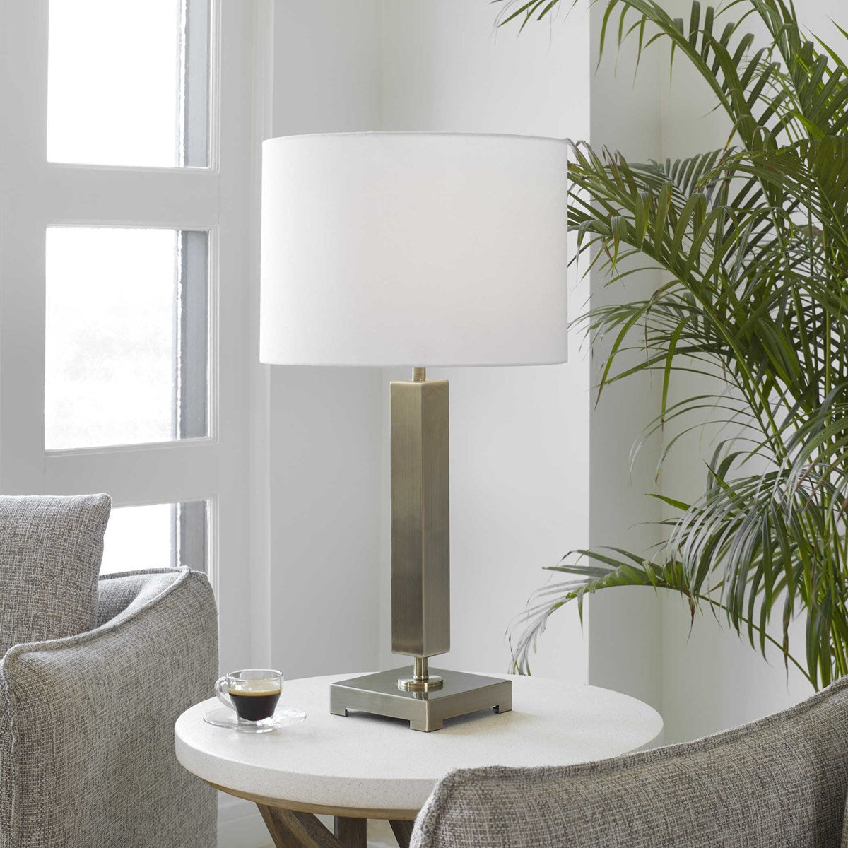 Uttermost Duomo Antique Brass Table Lamp With White Linen Shade - Image 3