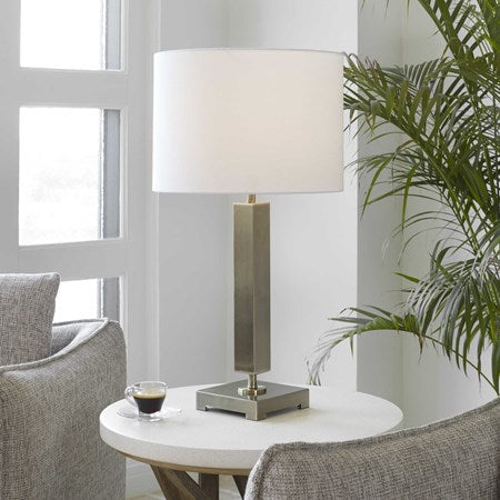 Uttermost Duomo Antique Brass Table Lamp With White Linen Shade - Image 1