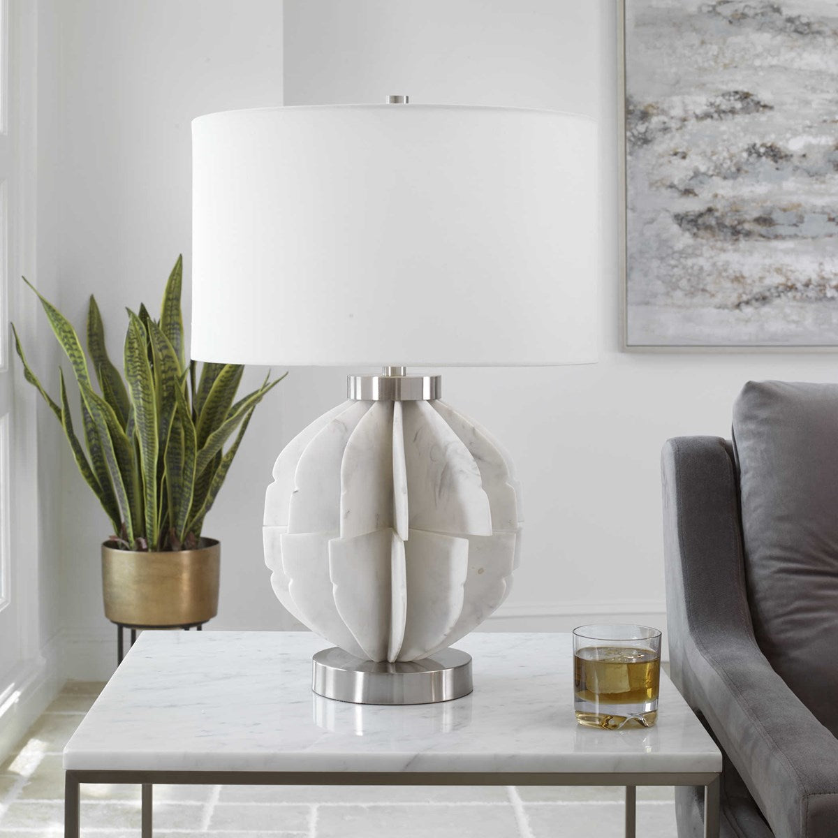Uttermost Repetition White Marble Table Lamp With White Shade - Image 3