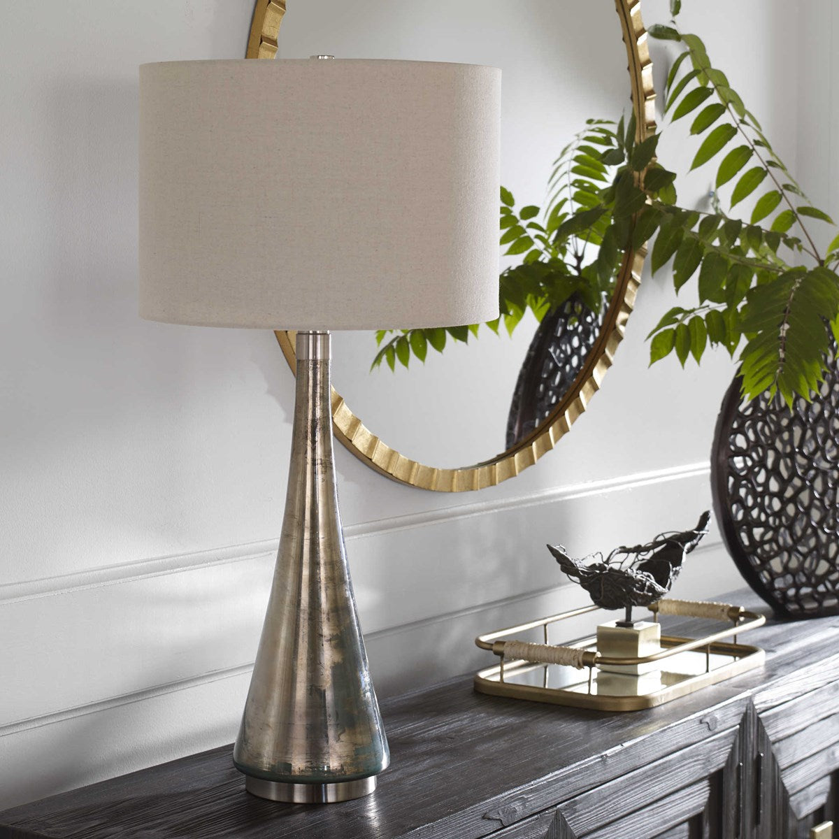 Uttermost Contour Blue Green Metallic Glass Table Lamp With Oatmeal Drum Shade - Image 2