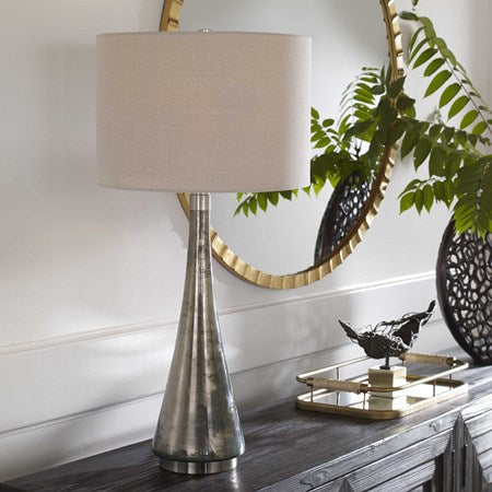 Uttermost Contour Blue Green Metallic Glass Table Lamp With Oatmeal Drum Shade - Image 1