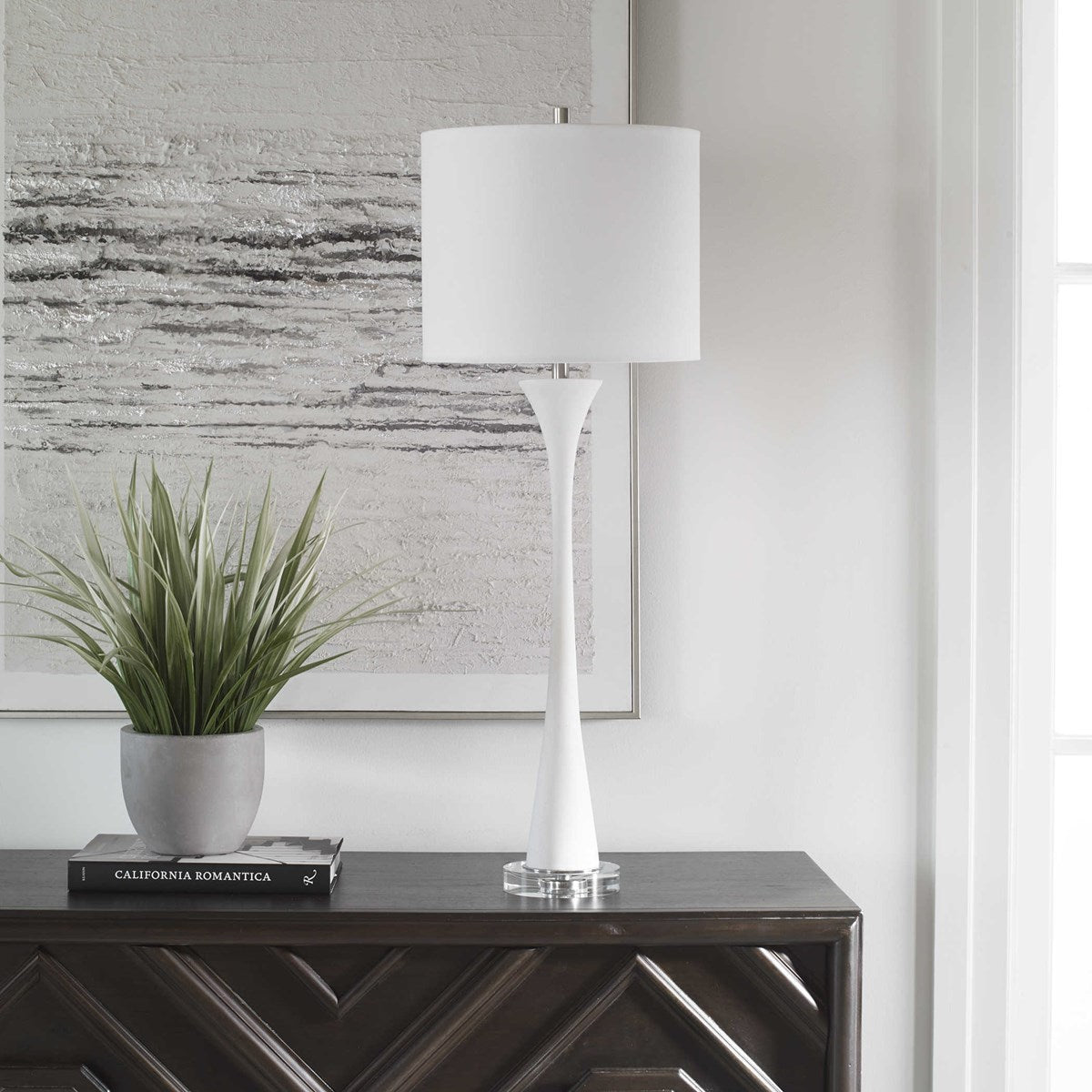 Uttermost Fountain Ivory Stone and Marble Buffet Lamp With White Shade - Image 1