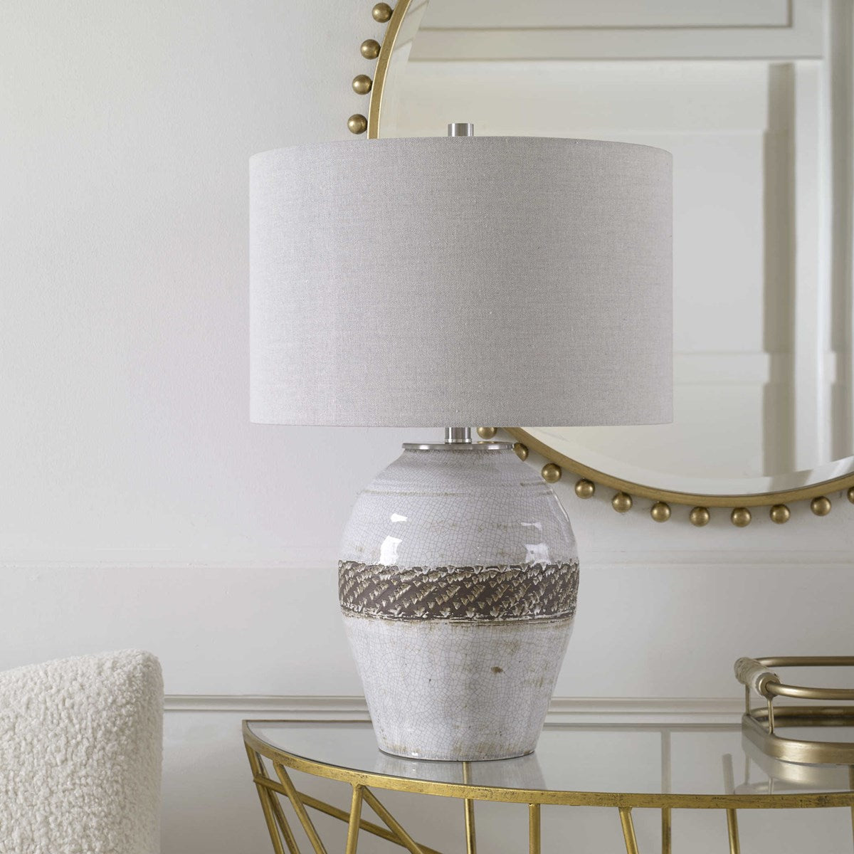 Uttermost Poul Light Gray Crackled Glazed Ceramic Table Lamp With Linen Shade - Image 1