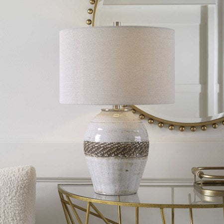 Uttermost Poul Light Gray Crackled Glazed Ceramic Table Lamp With Linen Shade - Image 3