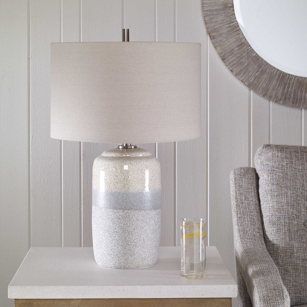 Uttermost Pinpoint Mottled White and Gray Ceramic Table Lamp With Linen Shade - Image 1
