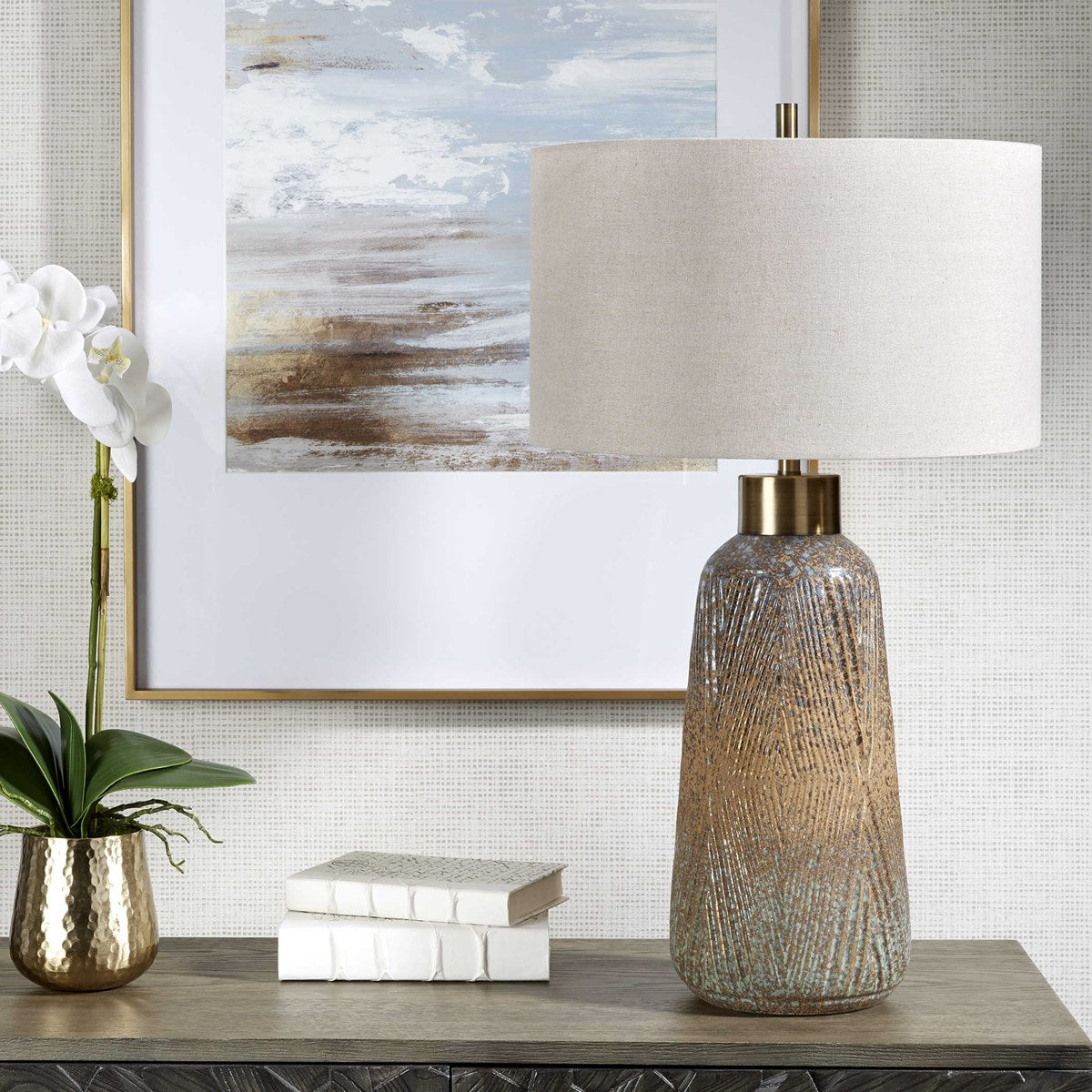Uttermost Western Sky Golden Rust, Indigo and Blue-Green Ceramic Table Lamp With Gray Linen Shade - Image 1