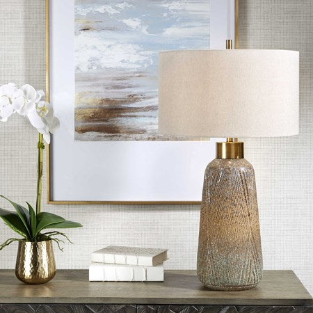 Uttermost Western Sky Golden Rust, Indigo and Blue-Green Ceramic Table Lamp With Gray Linen Shade - Image 3