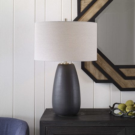 Uttermost Twilight Satin Black Ceramic Table Lamp With Light Gray Linen Shade - Image 1