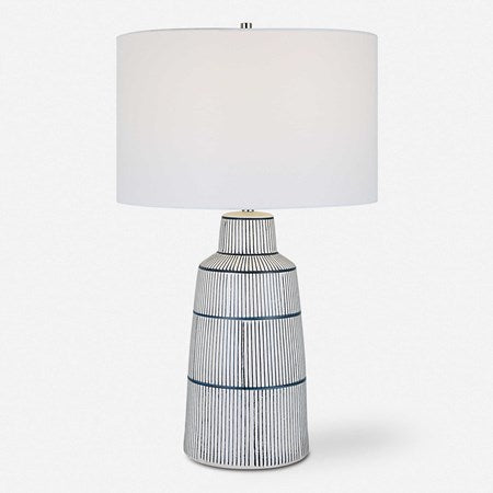 Uttermost Breton White Glaze and Navy Stripes Ceramic Table Lamp With Linen Shade - Image 3