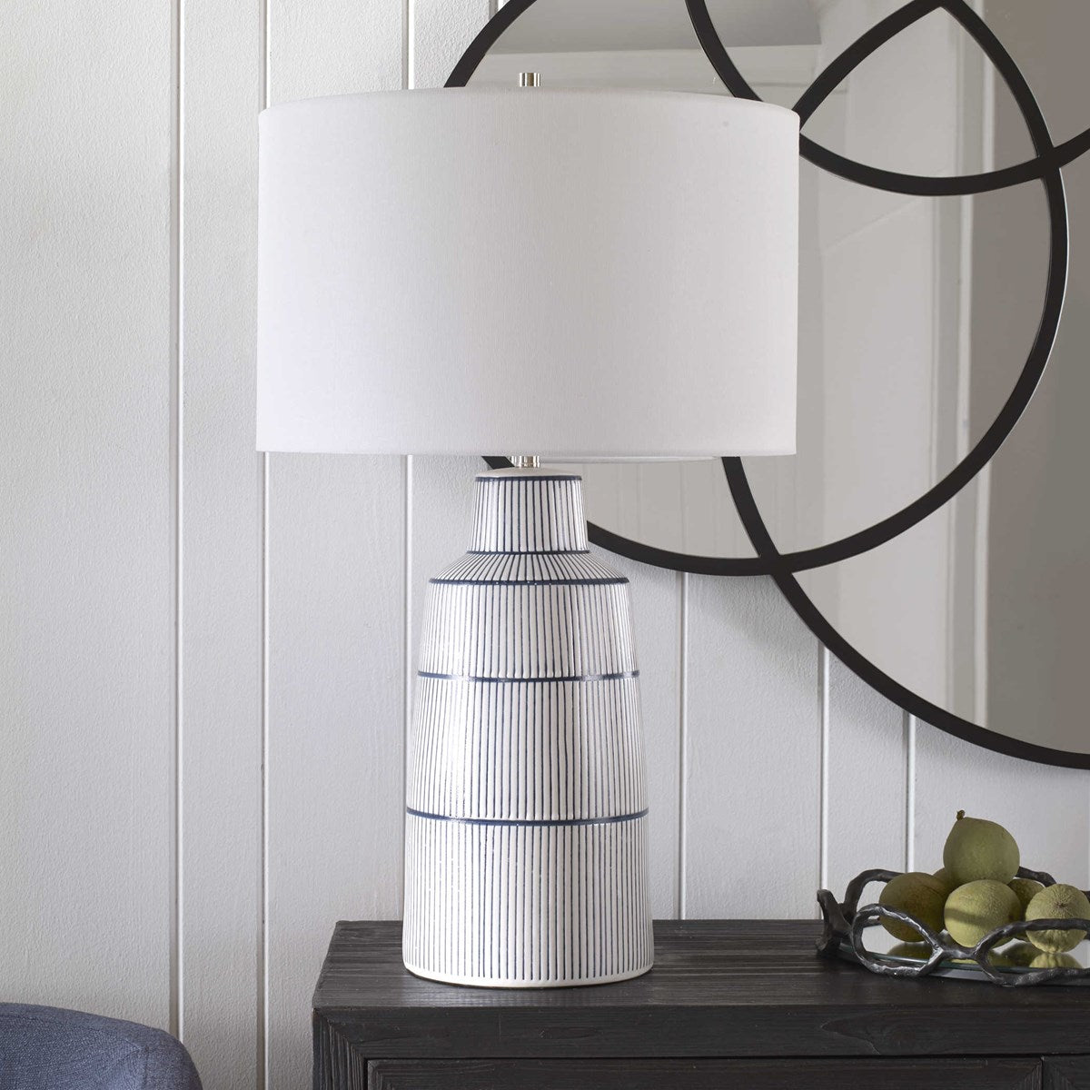 Uttermost Breton White Glaze and Navy Stripes Ceramic Table Lamp With Linen Shade - Image 1
