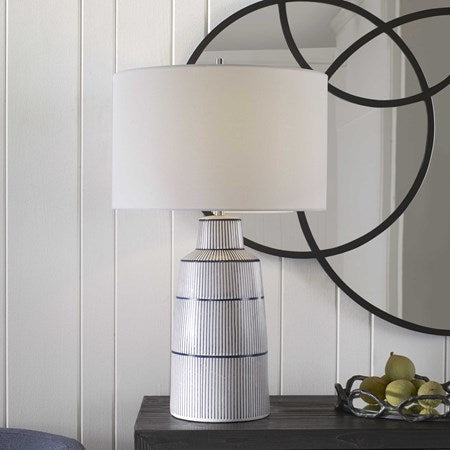 Uttermost Breton White Glaze and Navy Stripes Ceramic Table Lamp With Linen Shade - Image 2