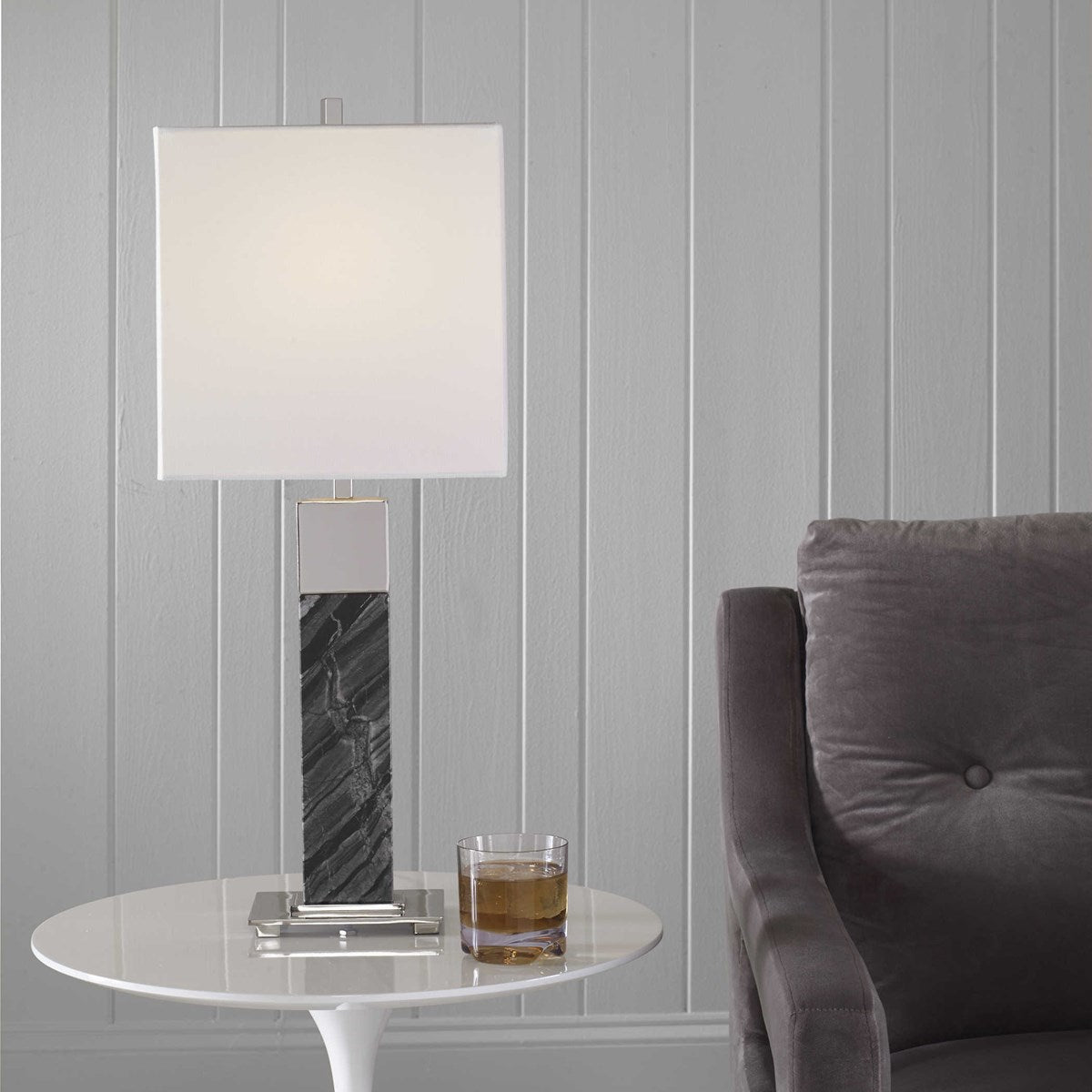 Uttermost Pilaster Black Marble Table Lamp With White Linen Shade - Image 3