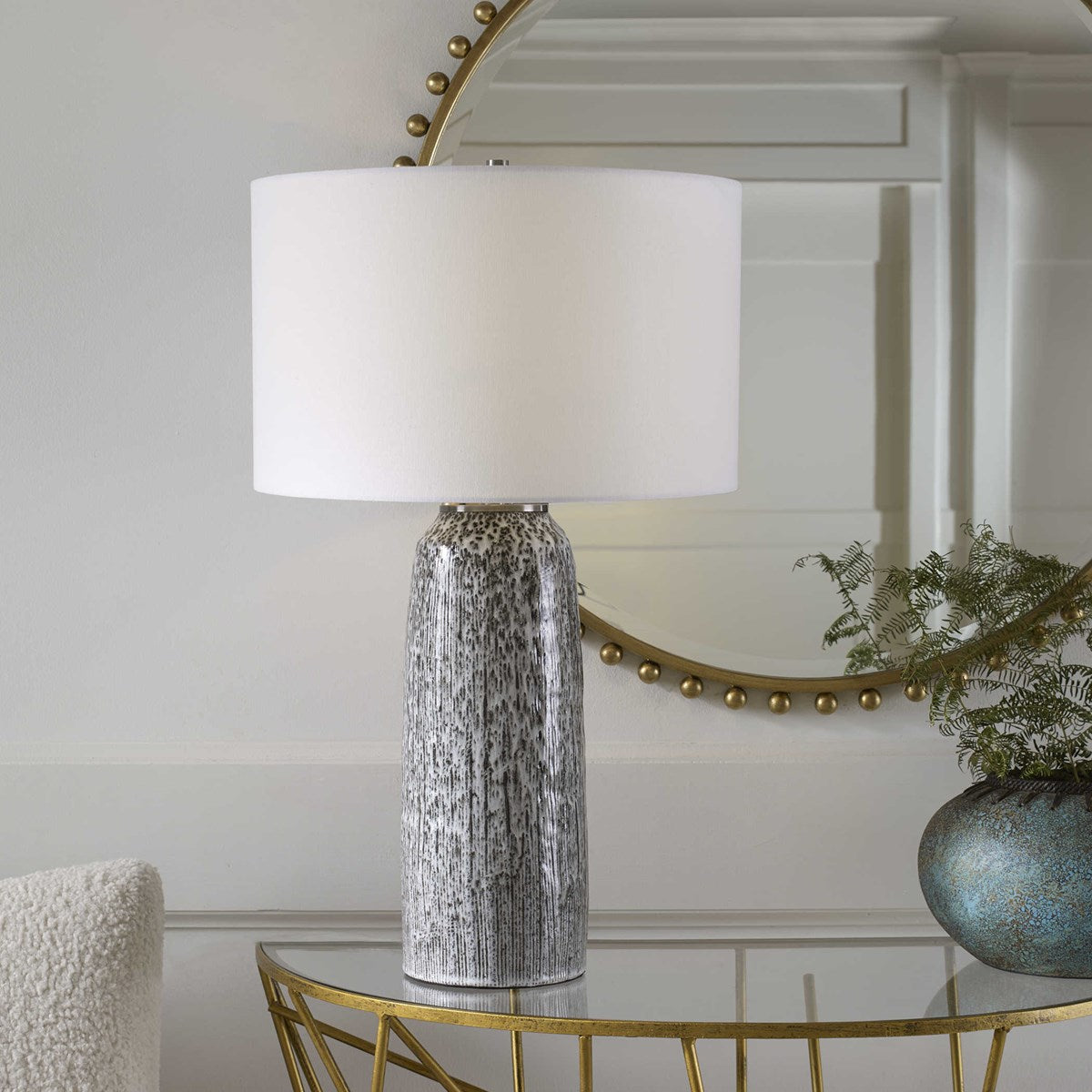 Uttermost Static Black and White Glazed Ceramic Table Lamp With Linen Shade - Image 1