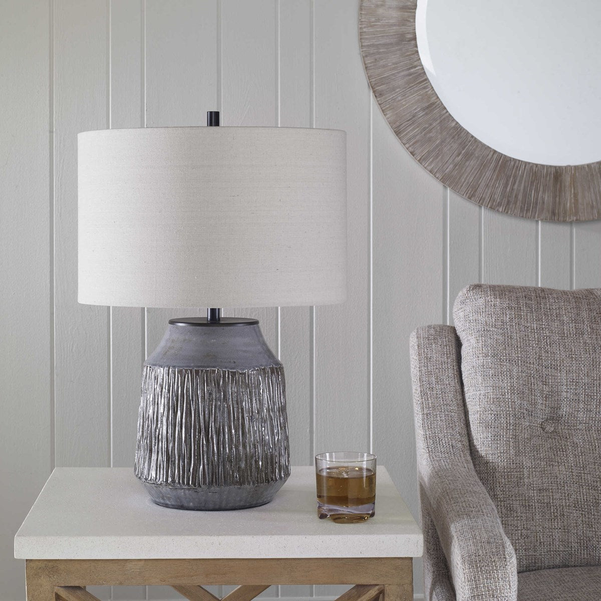 Uttermost Neolithic Blue Gray Crackle Glazed Ceramic Table Lamp With Oatmeal Linen Shade - Image 2