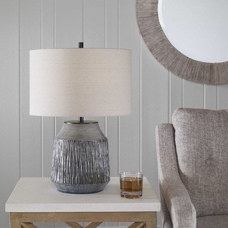 Uttermost Neolithic Blue Gray Crackle Glazed Ceramic Table Lamp With Oatmeal Linen Shade - Image 1