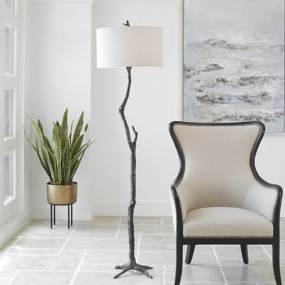 Uttermost Spruce Black Iron Floor Lamp With Light Gray Linen Shade - Image 3
