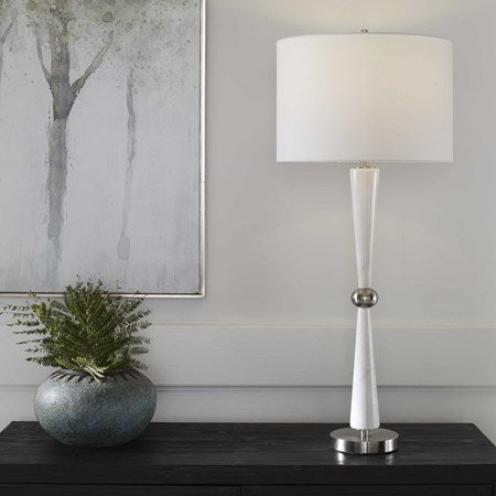 Uttermost Hourglass White Marble Table Lamp With Drum Shade - Image 1