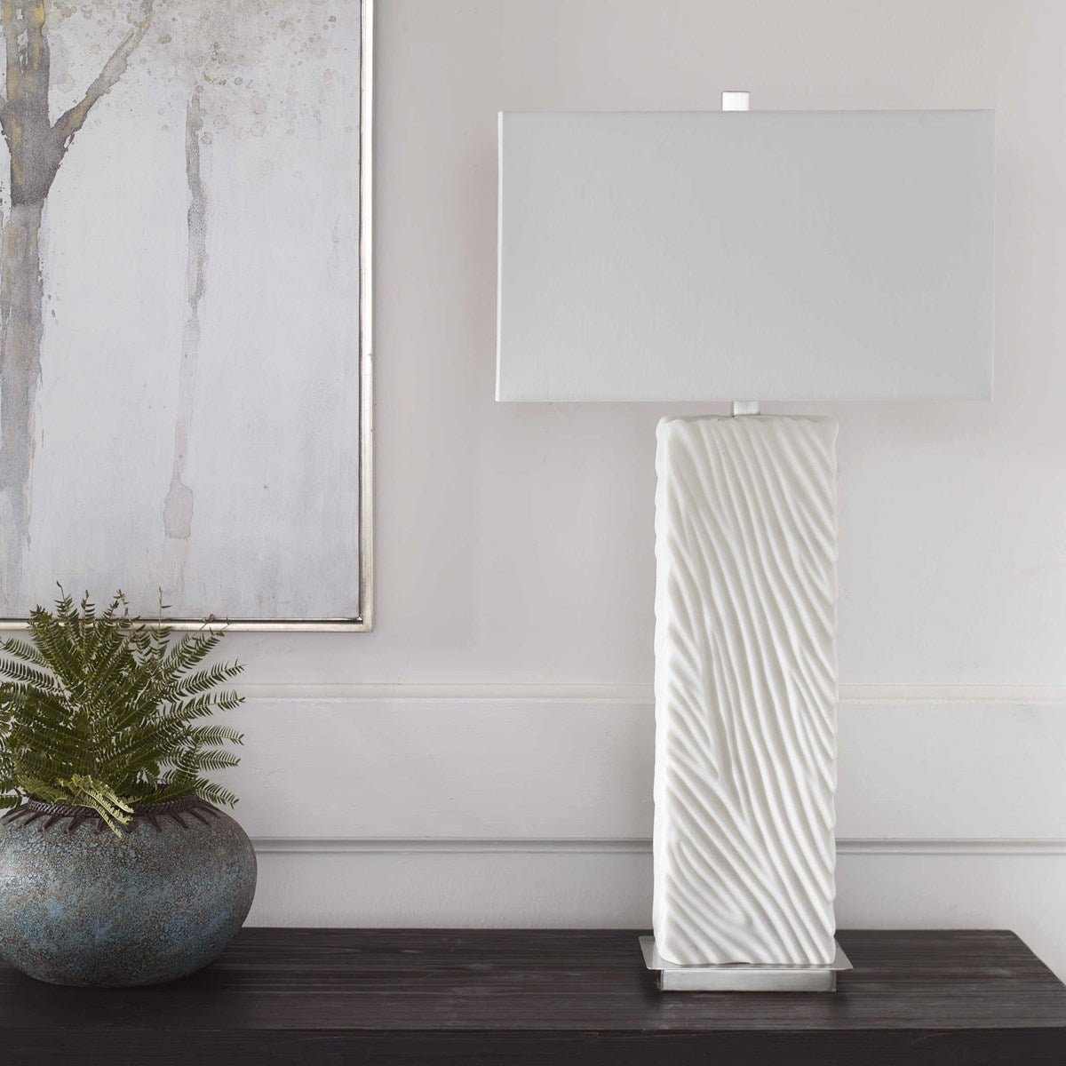 Uttermost Pillar Ivory Stone Table Lamp With White Linen Shade - Image 1