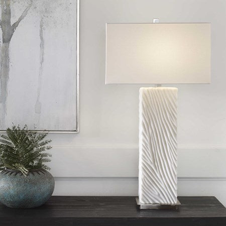 Uttermost Pillar Ivory Stone Table Lamp With White Linen Shade - Image 2