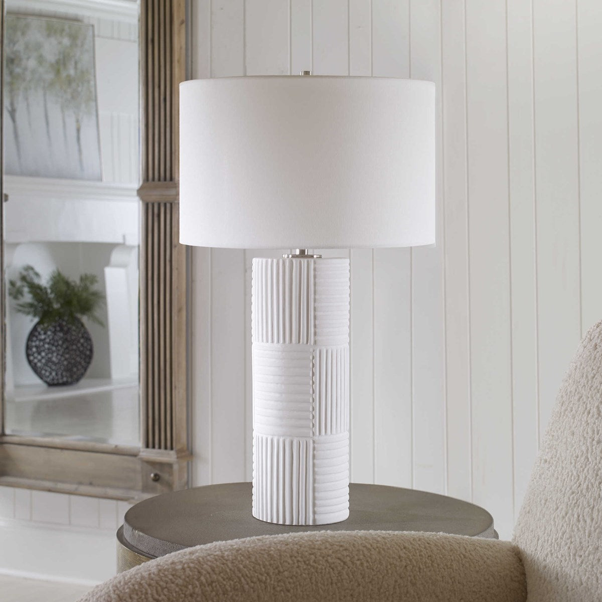 Uttermost Patchwork Soft White Glazed Ceramic Table Lamp With Linen Shade - Image 1