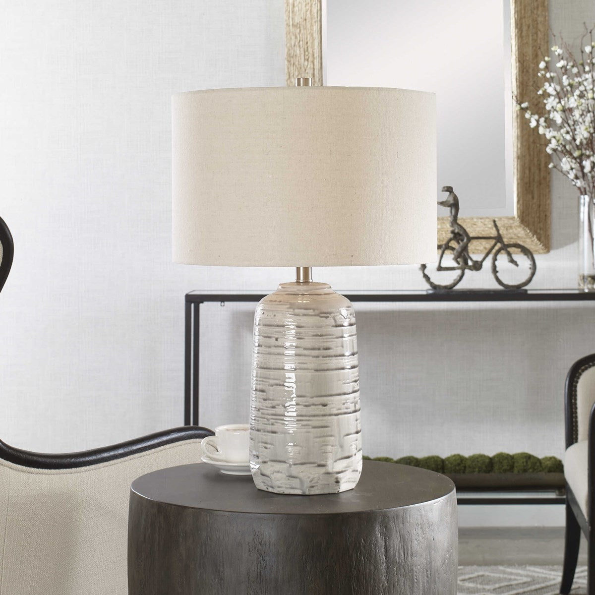 Uttermost Cyclone Ivory and Gray Glazed Ceramic Table Lamp With Light Beige Linen Shade - Image 1