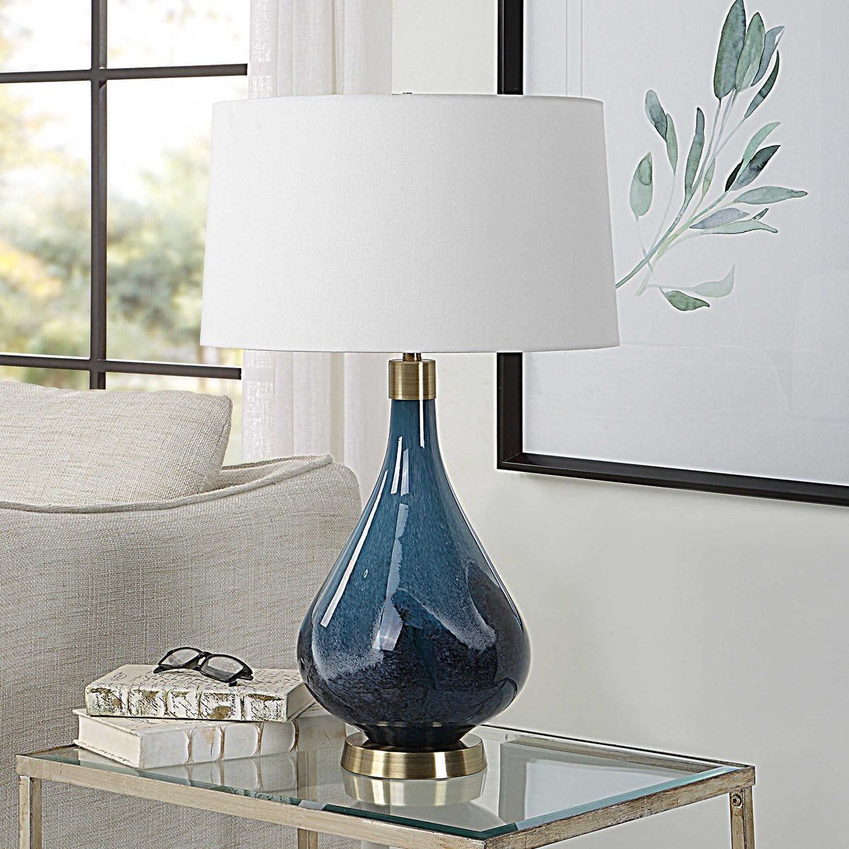 Uttermost Riviera Sapphire and Navy Blue Glass Table Lamp With White Linen Shade - Image 1