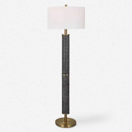 Uttermost Summit Gray Black and Antique Brass Floor Lamp With White Linen Shade - Image 2