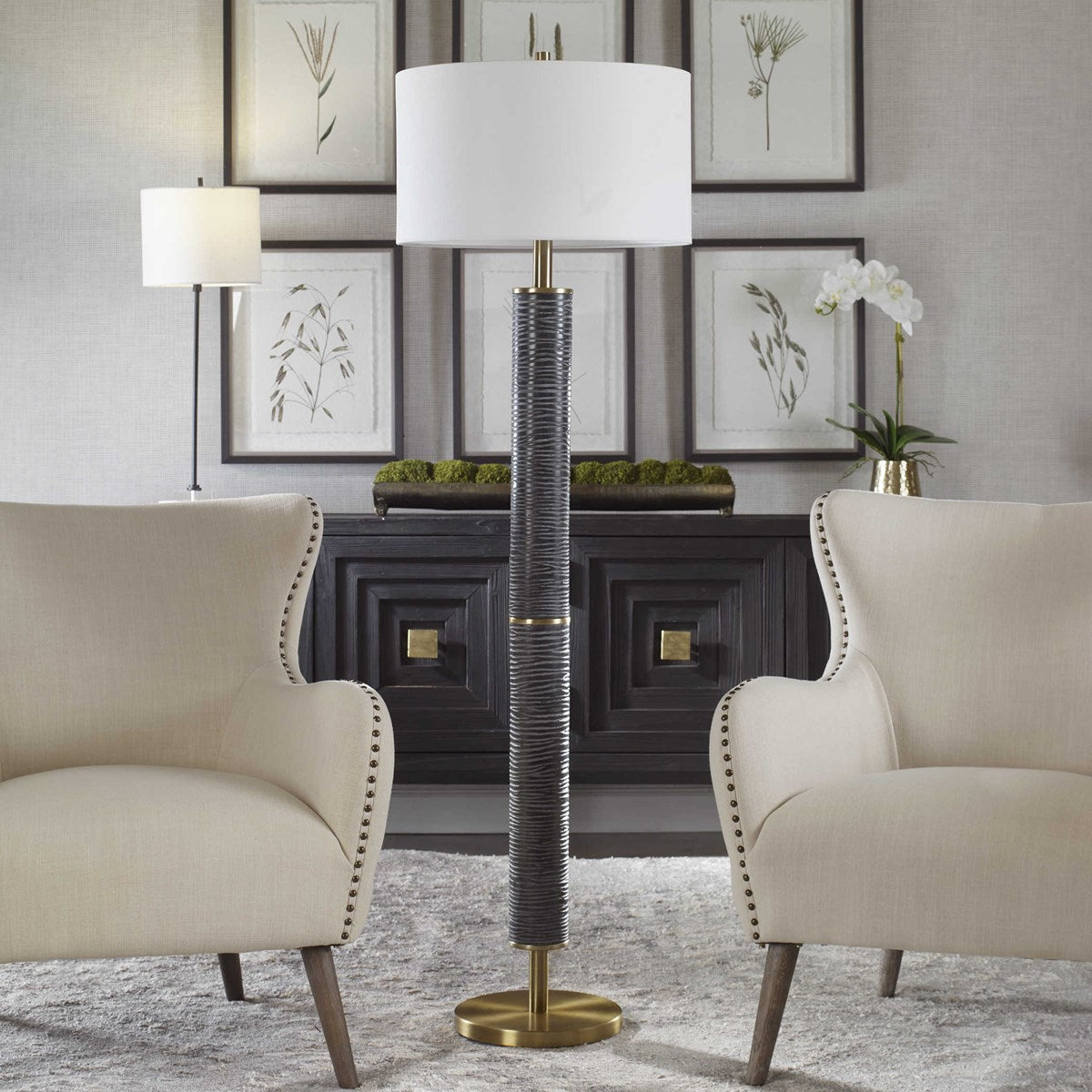 Uttermost Summit Gray Black and Antique Brass Floor Lamp With White Linen Shade - Image 3
