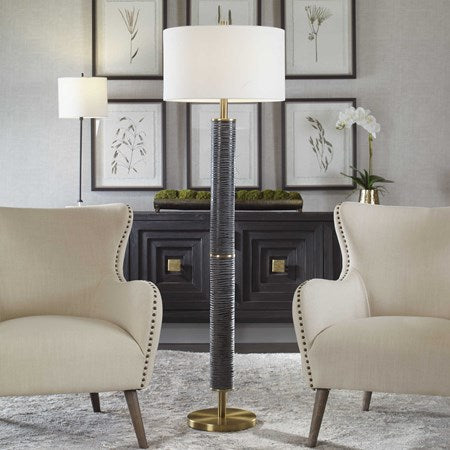Uttermost Summit Gray Black and Antique Brass Floor Lamp With White Linen Shade - Image 1
