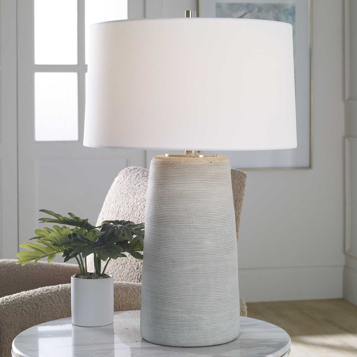 Uttermost Mountainscape Off-White and Gray Ceramic Table Lamp With White Linen Shade - Image 3