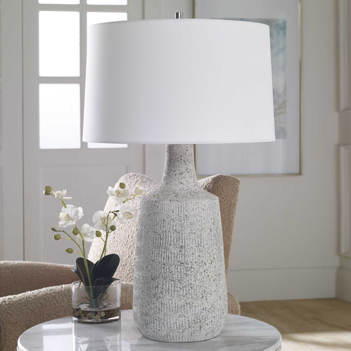 Uttermost Scouts Off-White Matte Glaze Ceramic Table Lamp With White Shade - Image 3