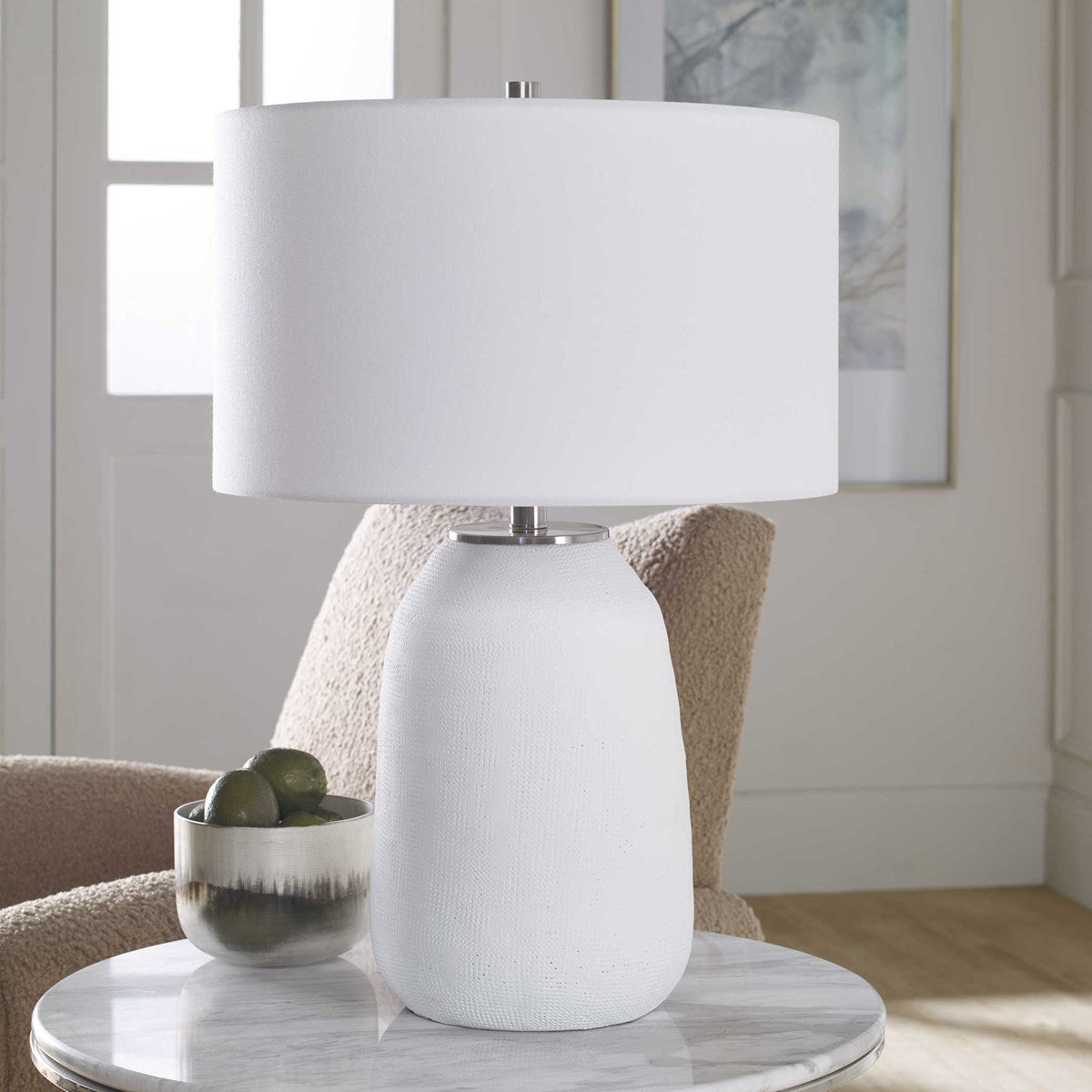 Uttermost Heir Matte Chalk White Ceramic Table Lamp With White Shade - Image 1
