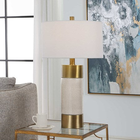 Uttermost Adelia Ivory Crackle Glaze Ceramic and Brushed Brass Table Lamp With Drum Shade - Image 1