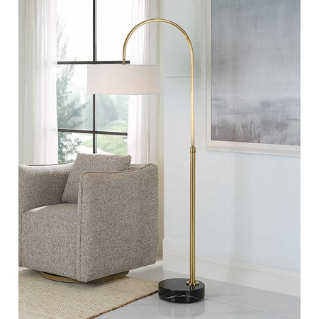 Uttermost Huxford Antiqued Brushed Brass Iron Floor Lamp With White Linen Shade - Image 1