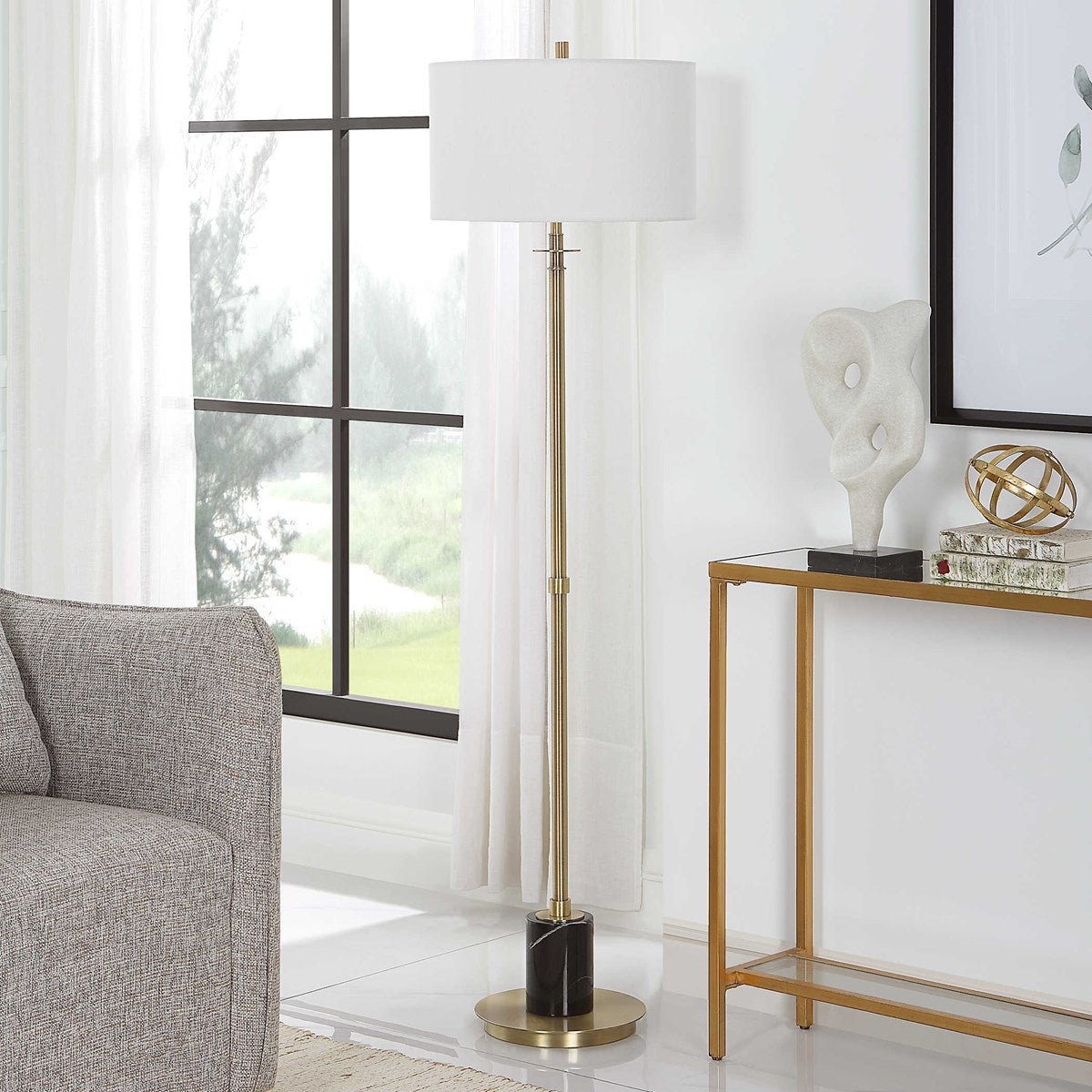 Uttermost Guard Antiqued Brass Iron Floor Lamp With White Linen Shade - Image 2