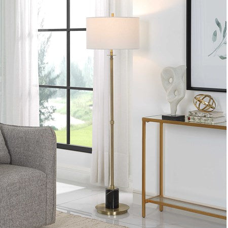 Uttermost Guard Antiqued Brass Iron Floor Lamp With White Linen Shade - Image 1