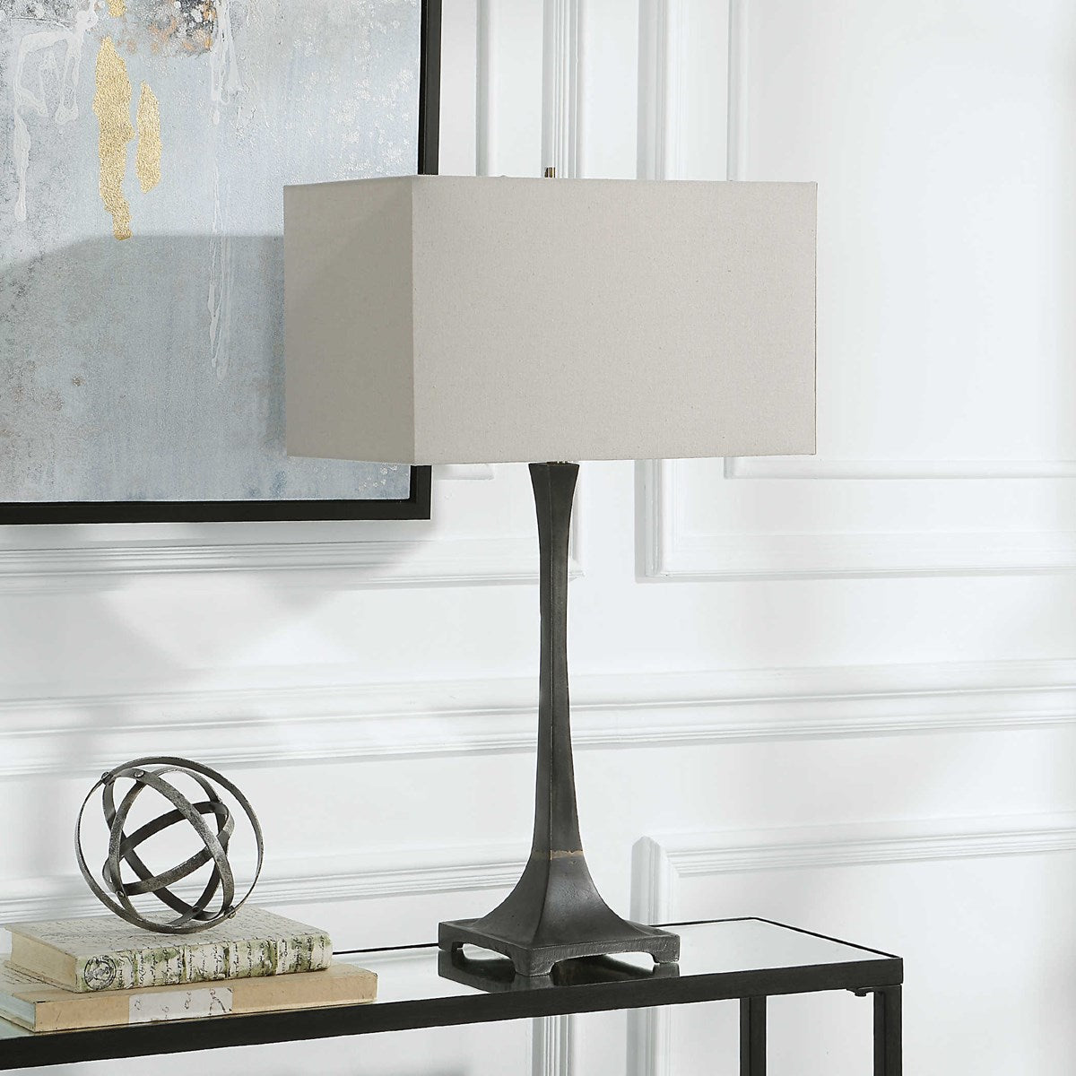 Uttermost Reydan Black Iron Table Lamp With Off-White Shade - Image 1
