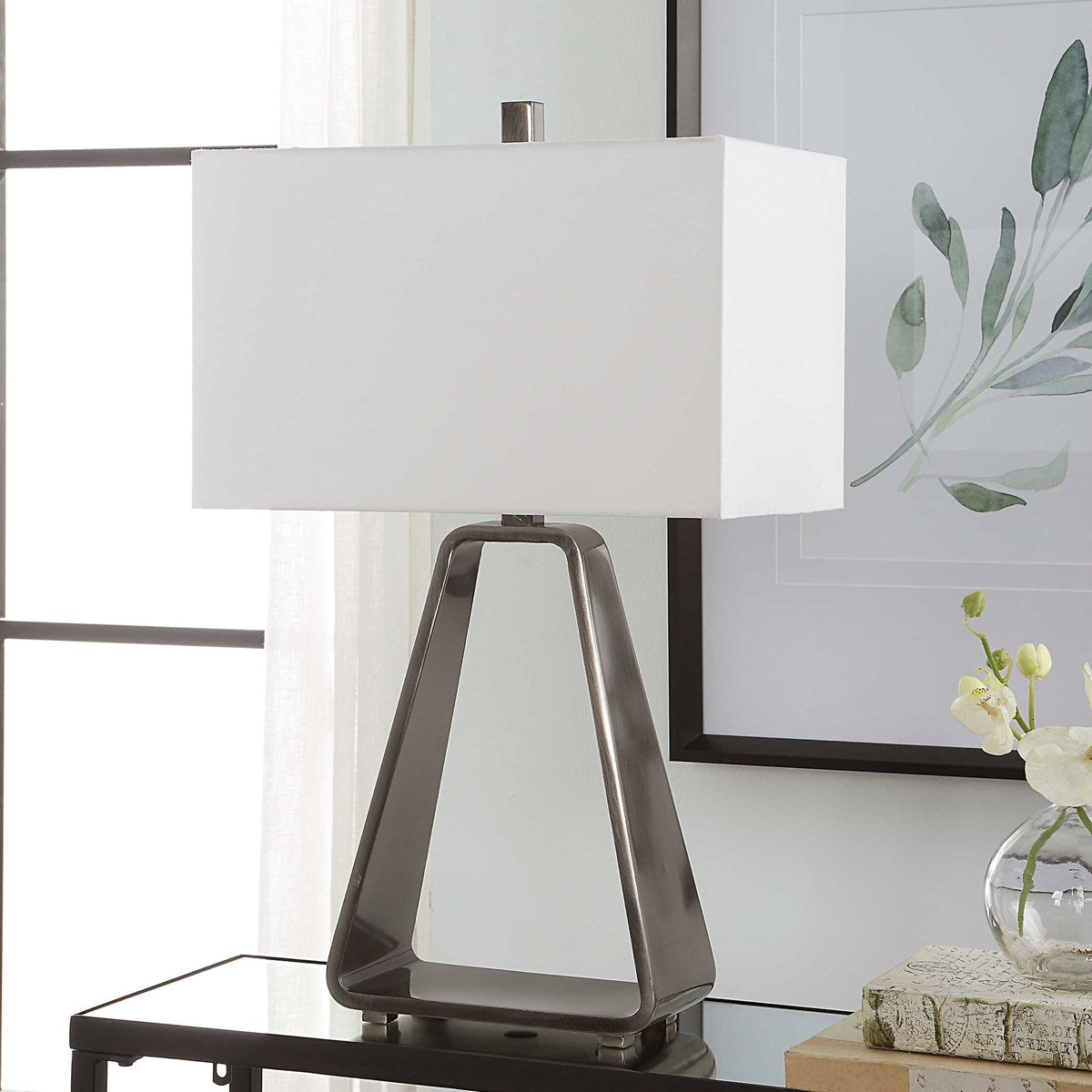 Uttermost Halo Antiqued Nickel Contemporary Table Lamp With White Shade - Image 3