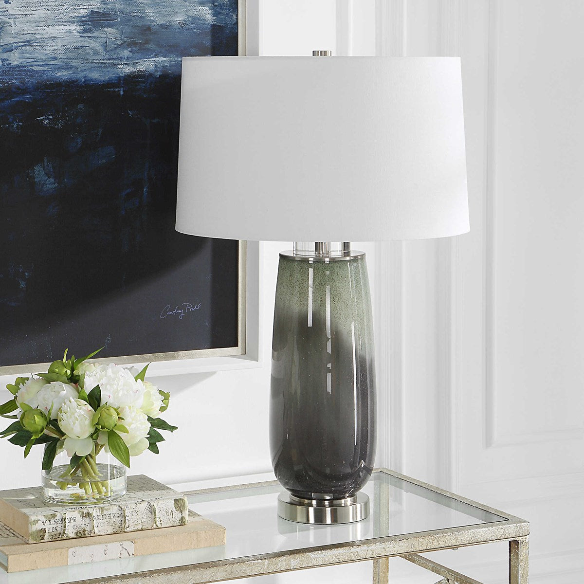 Uttermost Campa Green and Gray Blue Ombré Ceramic Table Lamp With White Shade - Image 3