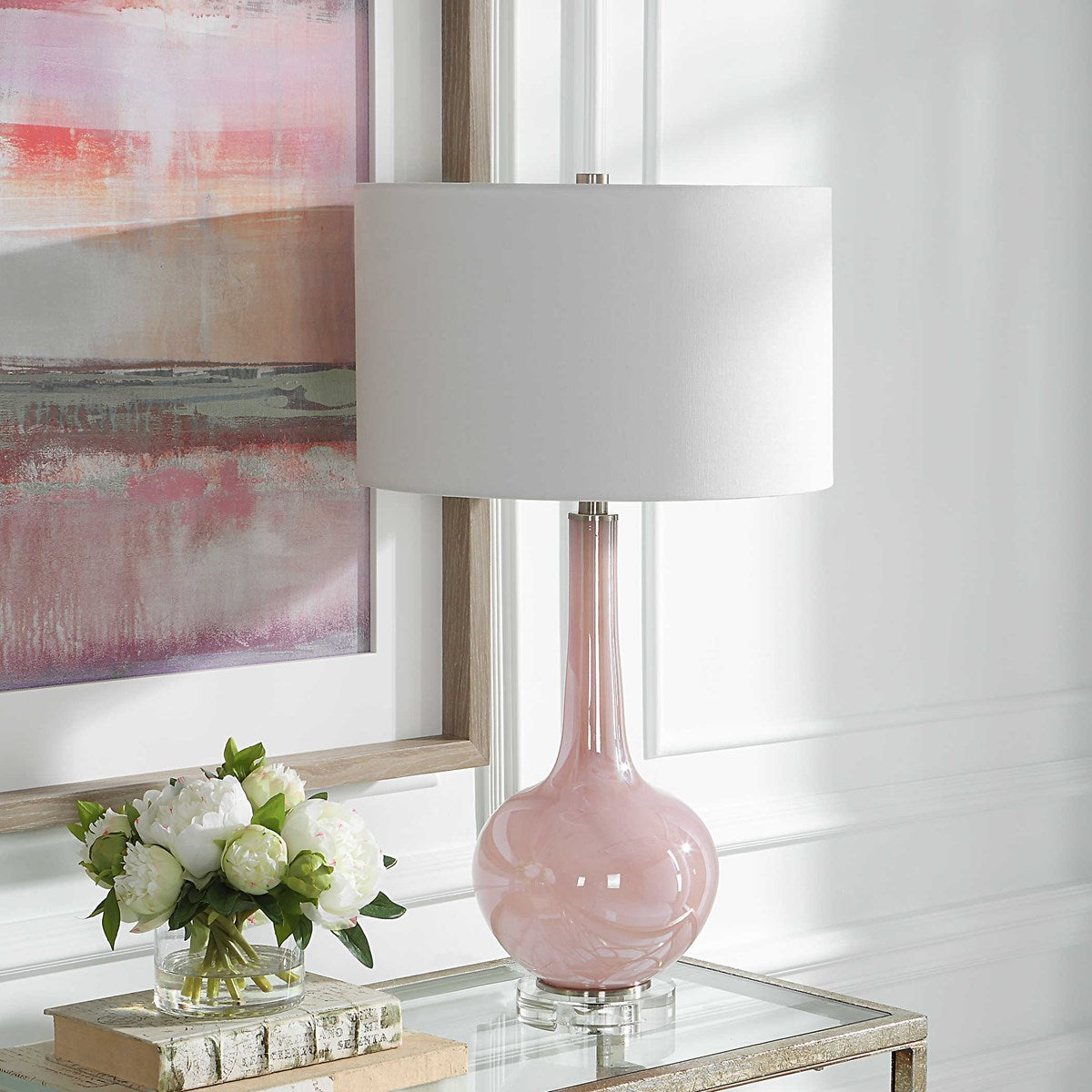 Uttermost Rosa Blush Pink Glass Table Lamp With White Shade - Image 1
