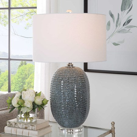 Uttermost Caralina Blue Green Glazed Textured Ceramic Table Lamp With White Linen Shade - Image 1