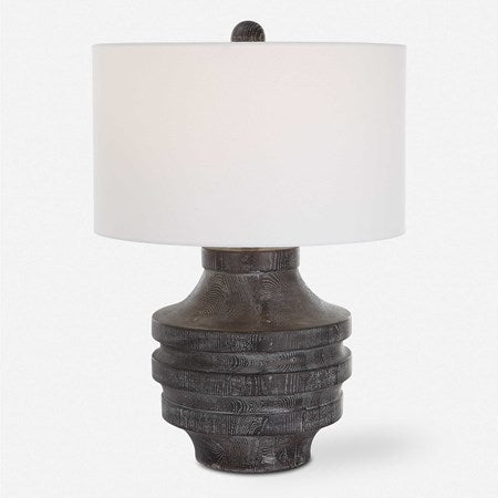 Uttermost Timber Carved Black Wood Table Lamp With White Shade - Image 2