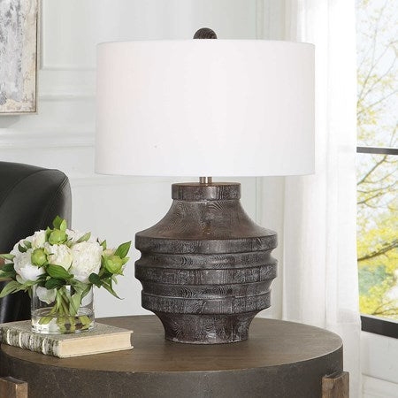 Uttermost Timber Carved Black Wood Table Lamp With White Shade - Image 1